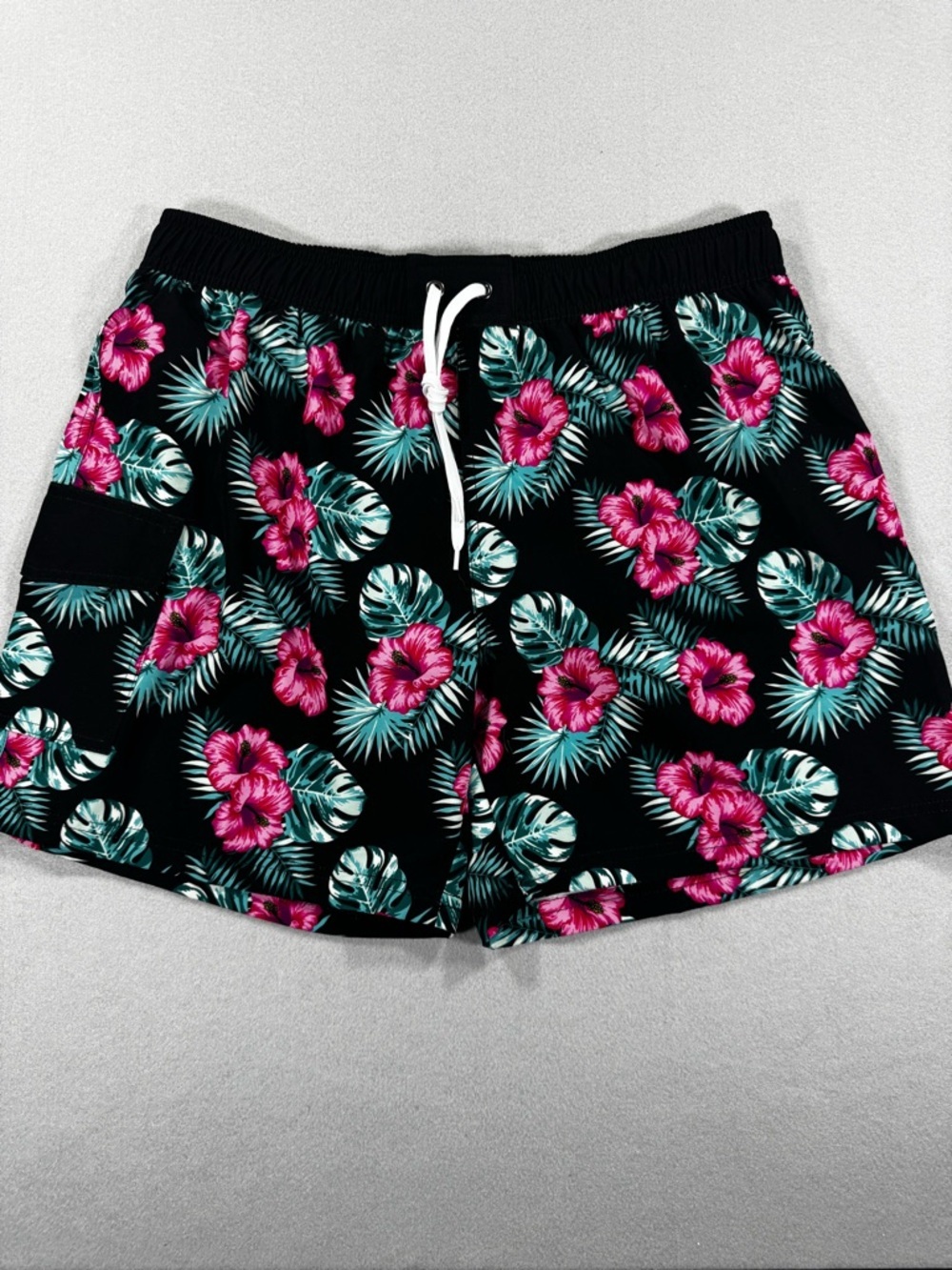 Black Tropical Floral Swim Shorts with Pink Hibiscus